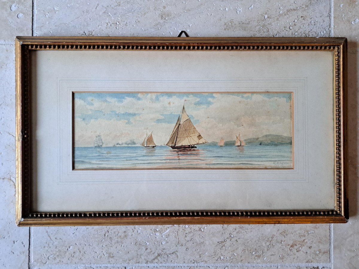C.J.SHAW, Marine aux voiliers , Aquarelle , XIX°. 