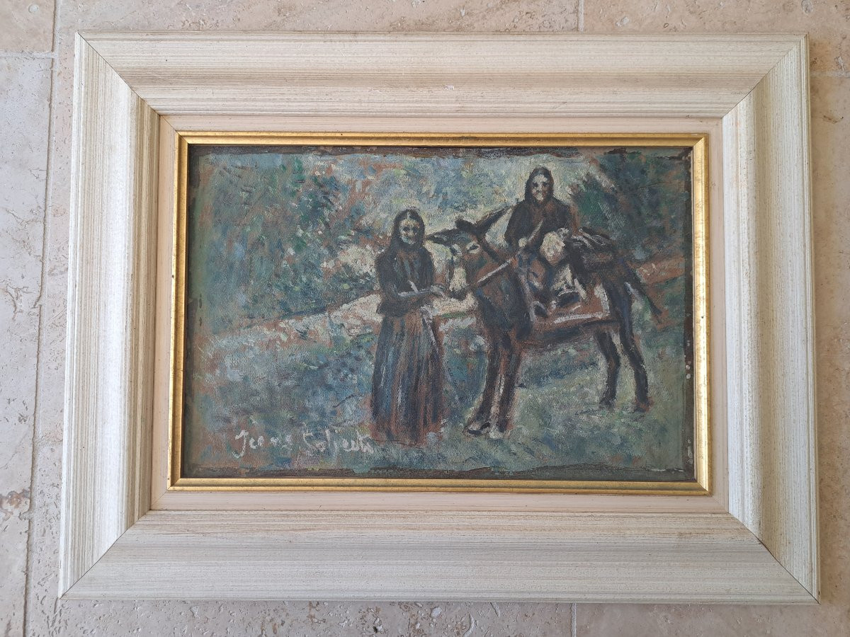 Deux paysannes et leur mulet , Huile sur papier , Signé , XX°. -photo-2