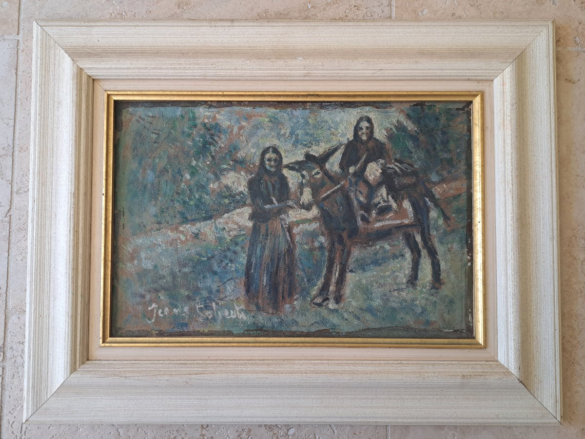 Deux paysannes et leur mulet , Huile sur papier , Signé , XX°. -photo-2