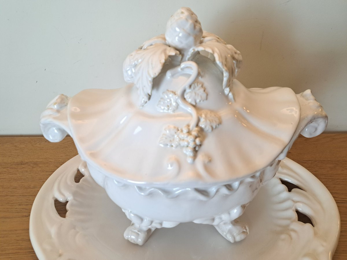 Emile Tessier, Soup Tureen And Its Sleeper, Openwork Earthenware, 20th Century. -photo-3