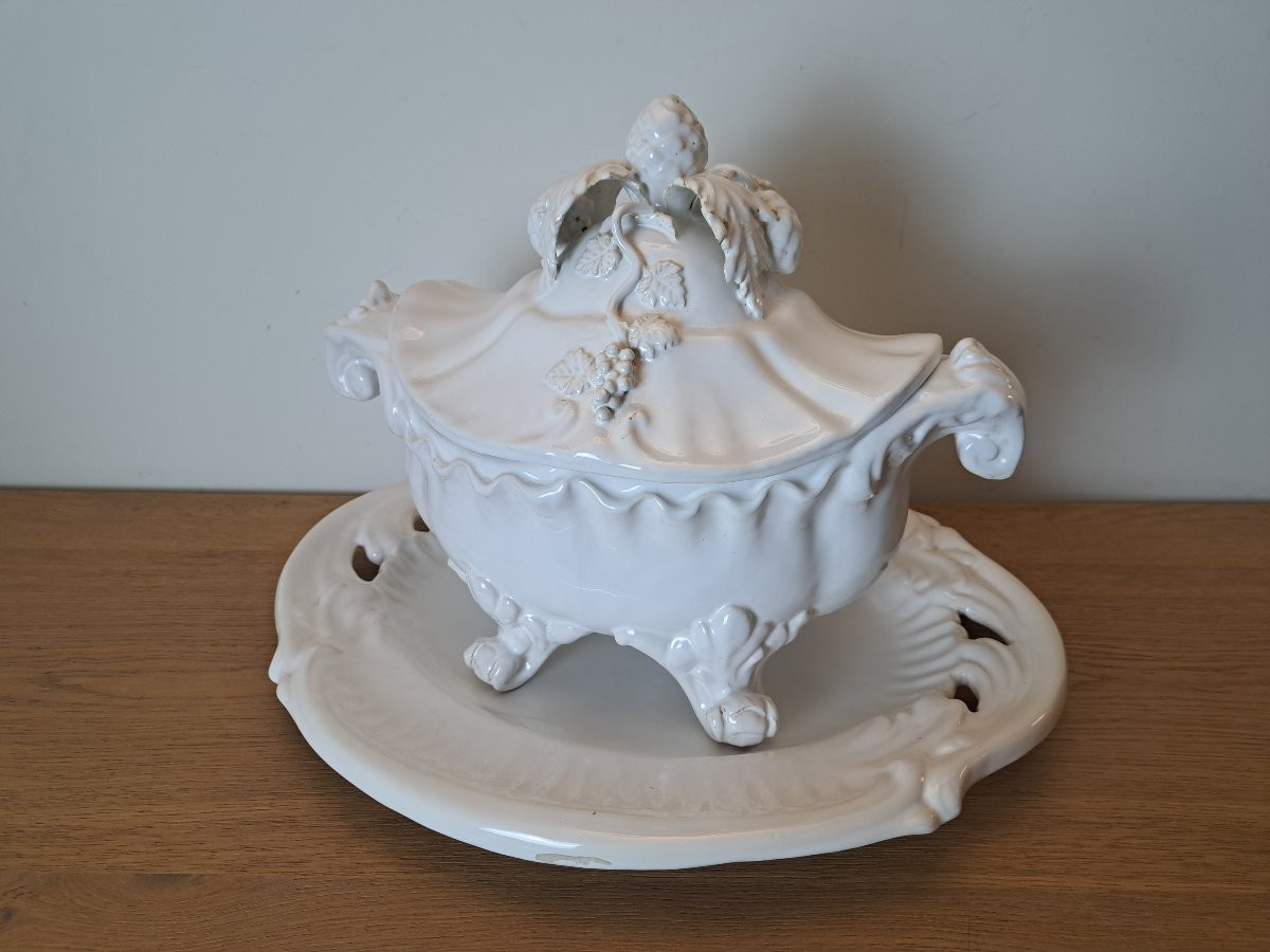 Emile Tessier, Soup Tureen And Its Sleeper, Openwork Earthenware, 20th Century. -photo-2