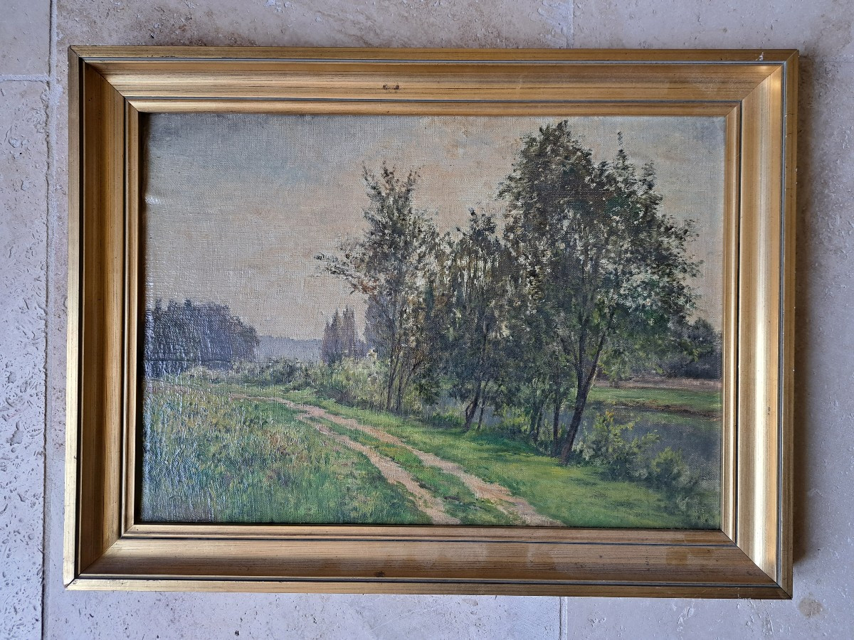 Gabriel Mathieu , Bord de rivière , Huile sur toile , XIX°. 