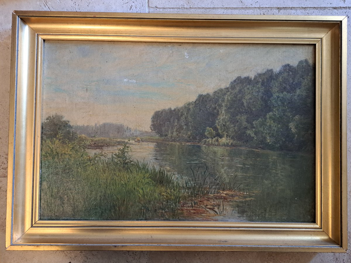 Gabriel Mathieu, Riverbank, Oil On Canvas, 19th Century. -photo-2