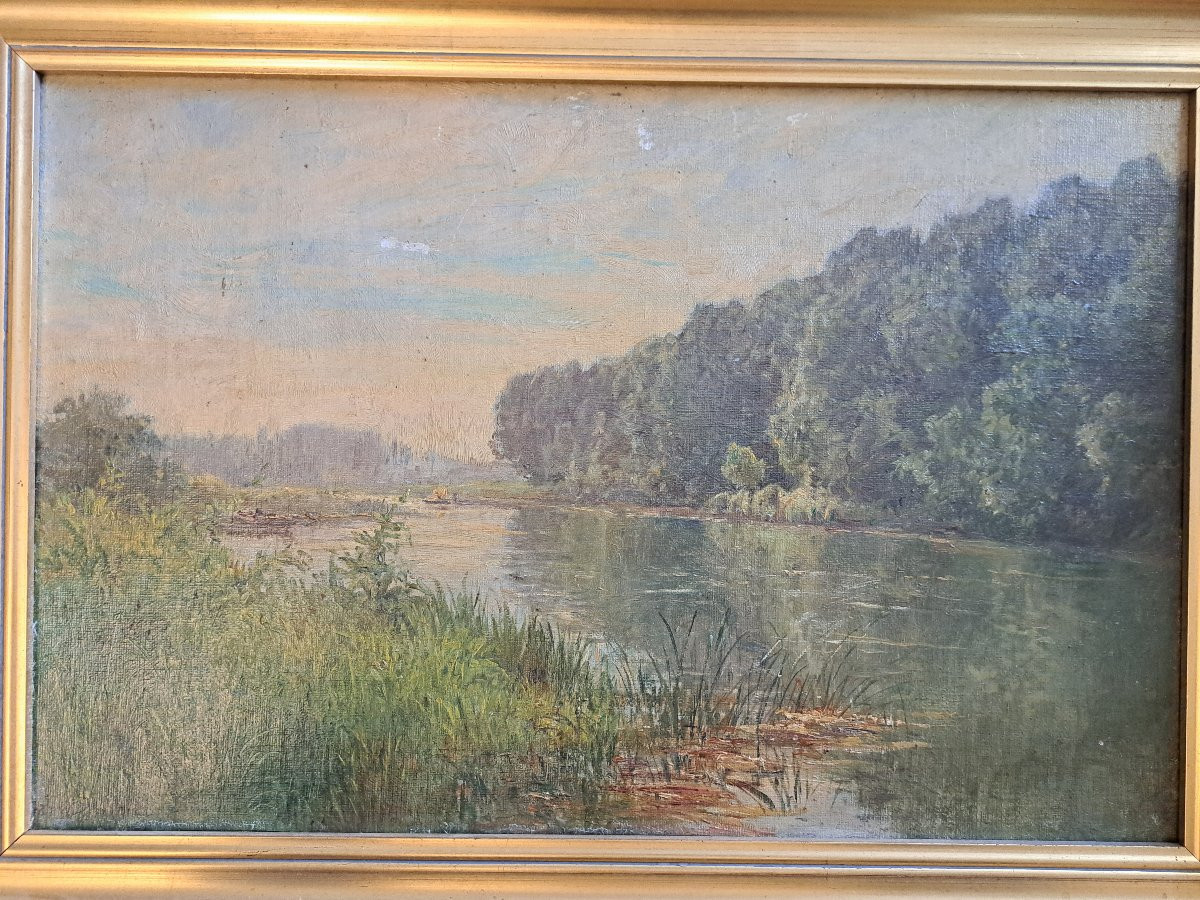 Gabriel Mathieu, Riverbank, Oil On Canvas, 19th Century. -photo-3