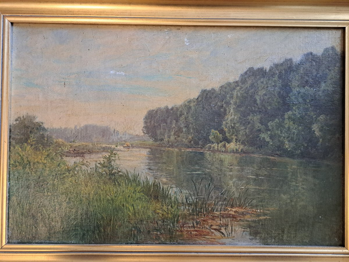 Gabriel Mathieu, Riverbank, Oil On Canvas, 19th Century. -photo-4