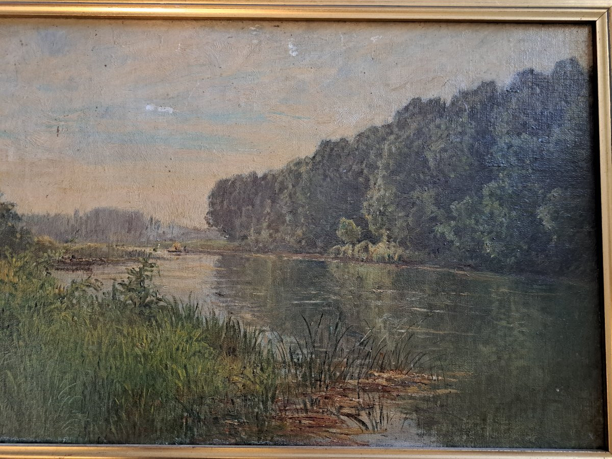 Gabriel Mathieu, Riverbank, Oil On Canvas, 19th Century. -photo-4
