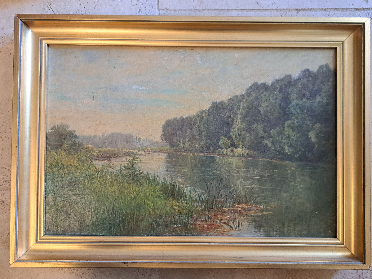Gabriel Mathieu, Riverbank, Oil On Canvas, 19th Century. 