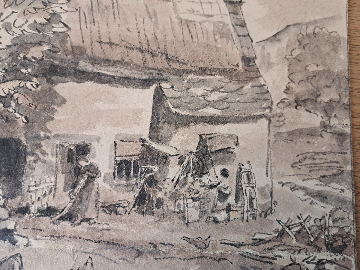 Jules Chadel, Farmyard, Ink And Colors On Paper, Early 20th Century. -photo-1