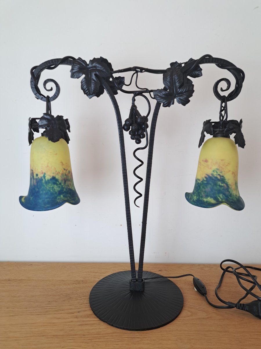 Lamp, Art Nouveau / Art Deco, Wrought Iron And Glass Paste, Signed, Early 20th Century. -photo-2