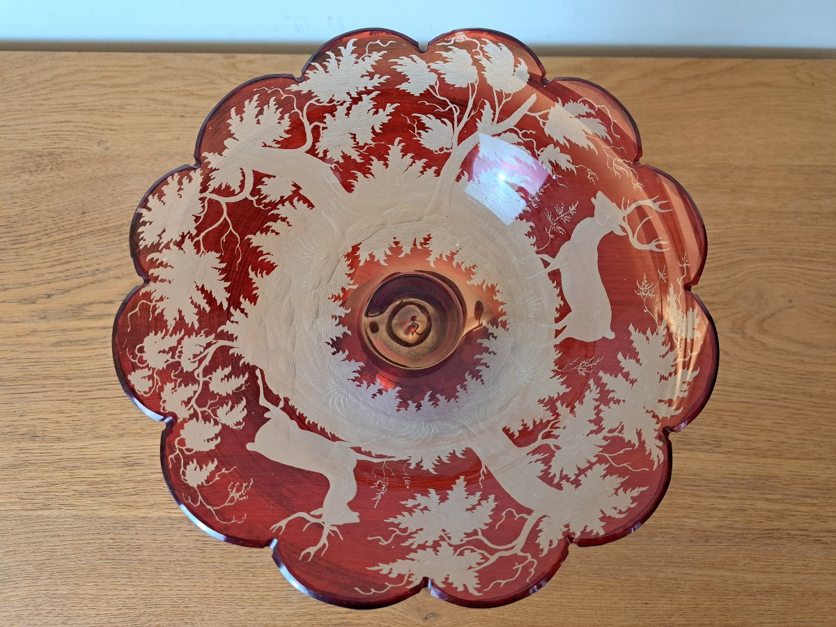 Large Bohemian Glass Bowl, Red And Chiseled Glass, Late 19th Century. -photo-3