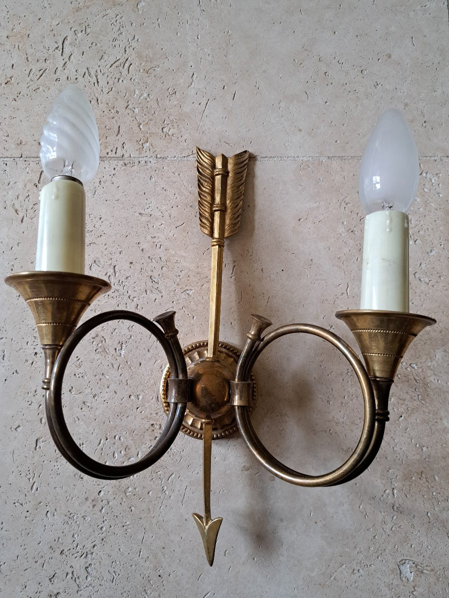 Petitot, Pair Of Hunting Horn Sconces, Gilded Brass, 20th Century. -photo-4