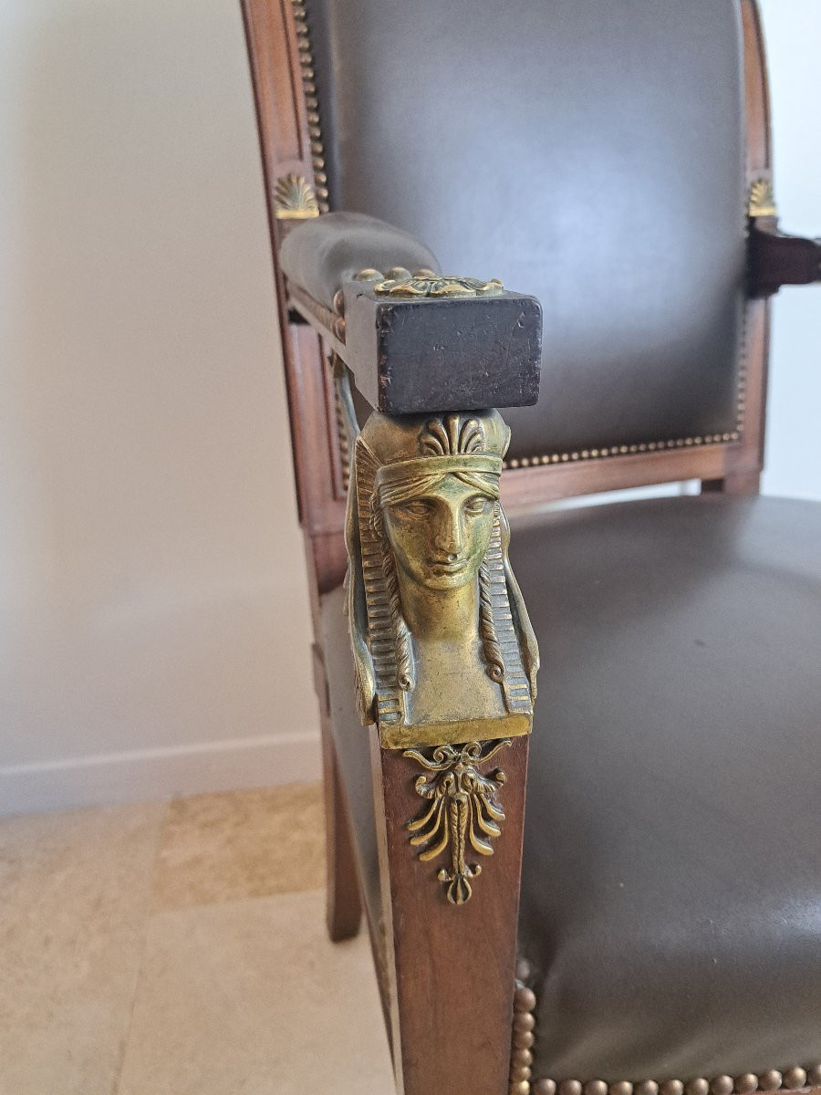 Fauteuil de bureau , Retour d'Egypte , Empire , Acajou et bronze , Fin XIX°. -photo-2