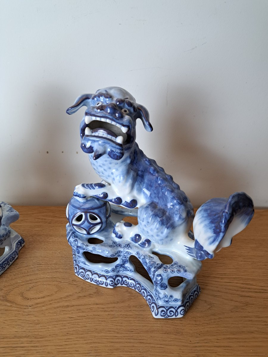 Boch , Keramis , Paire de chiens de Fô , Faïence, XIX°.  -photo-3