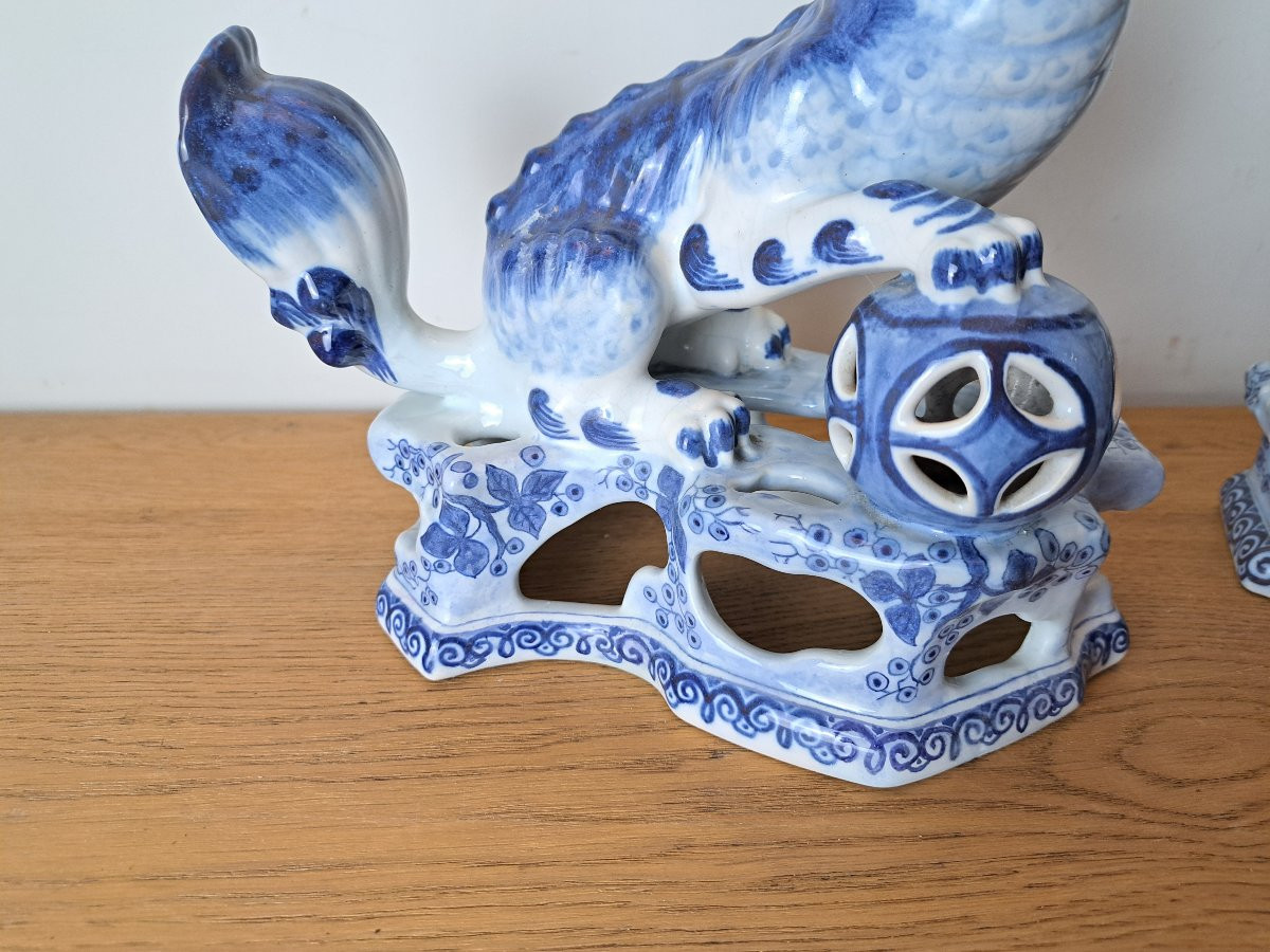 Boch , Keramis , Paire de chiens de Fô , Faïence, XIX°.  -photo-3