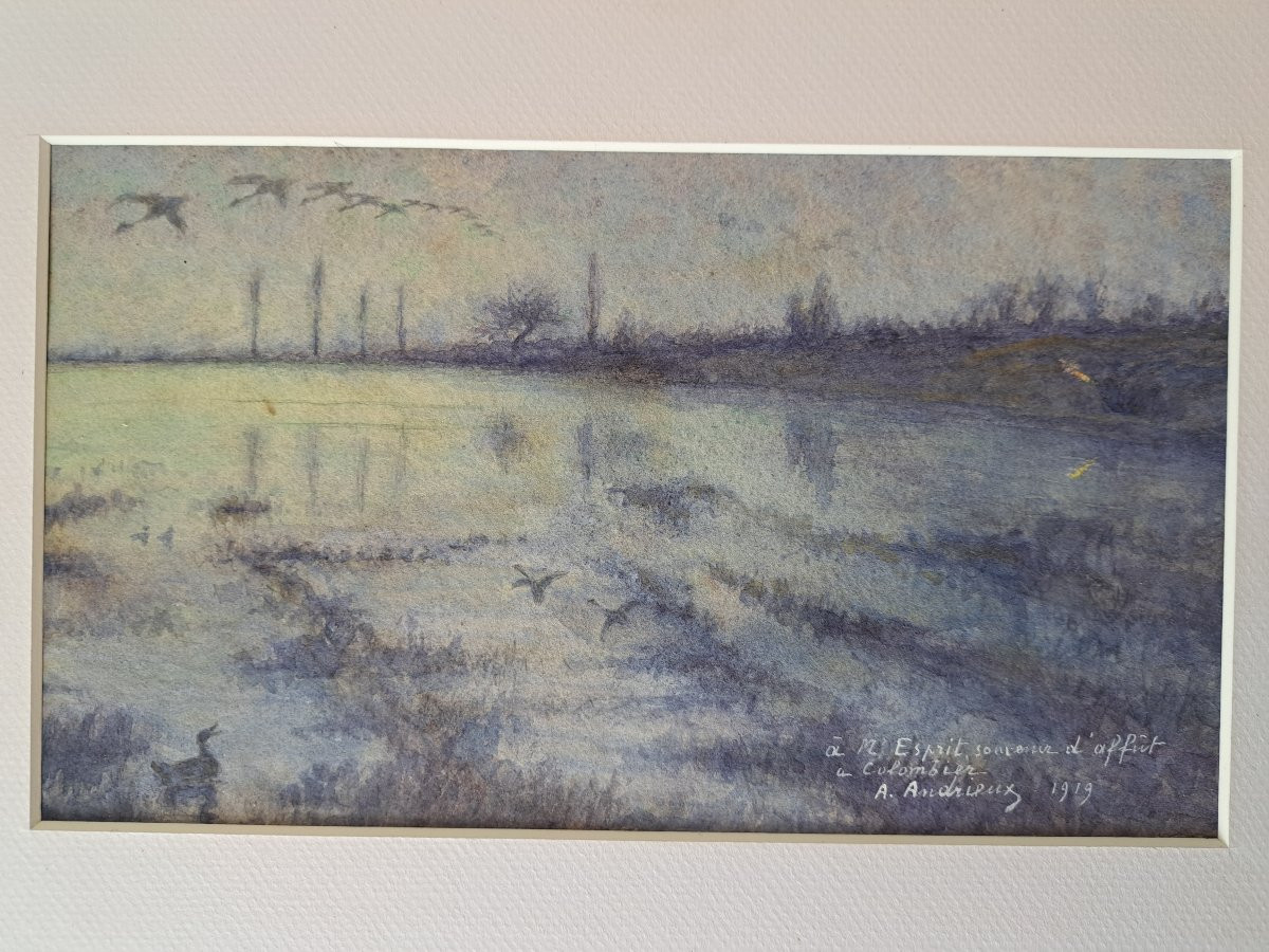 Louis Alfred Andrieux, Duck Hunt, Drawing, Early 20th Century. -photo-2