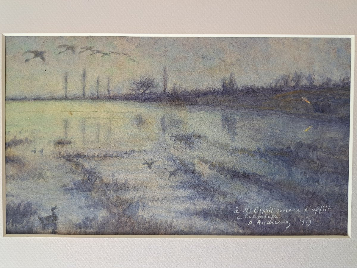 Louis Alfred Andrieux, Duck Hunt, Drawing, Early 20th Century. -photo-3