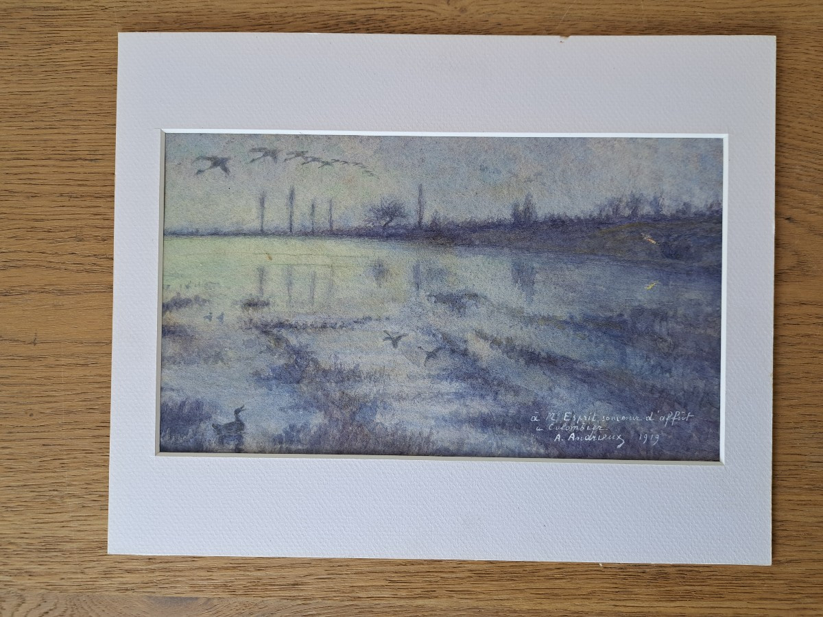 Louis Alfred Andrieux, Duck Hunt, Drawing, Early 20th Century. 