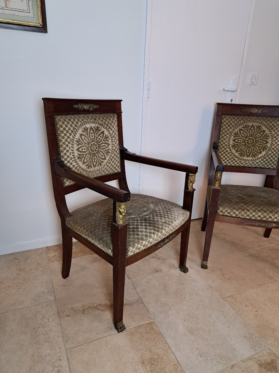 Paire de fauteuils Empire , Bronze et Acajou , circa 1880. -photo-2