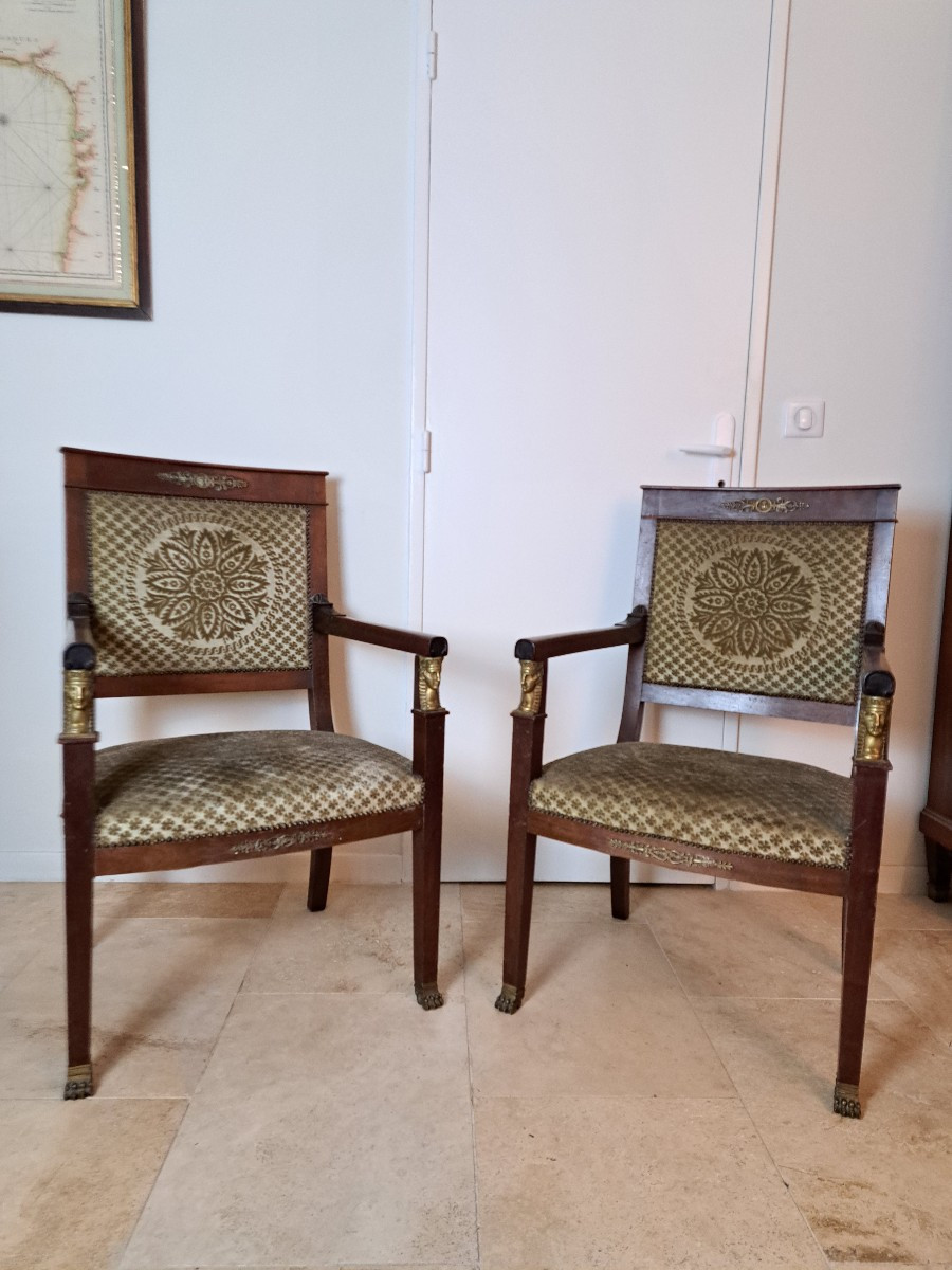Paire de fauteuils Empire , Bronze et Acajou , circa 1880. 
