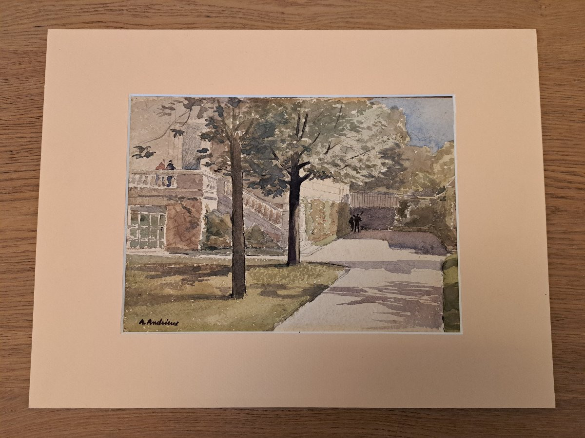 Alfred Louis Andrieux , Vue d'un parc , Aquarelle , Fin XIX°. -photo-2