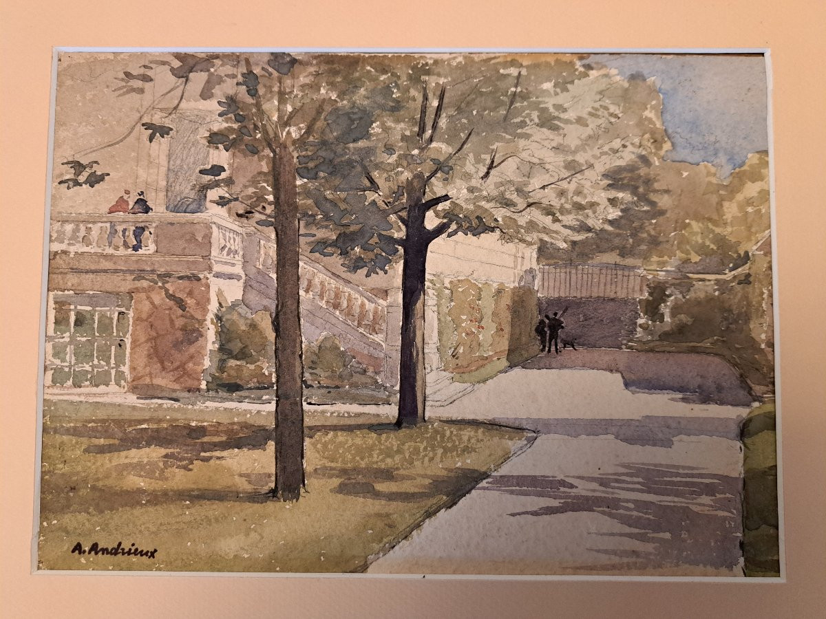 Alfred Louis Andrieux , Vue d'un parc , Aquarelle , Fin XIX°. -photo-3
