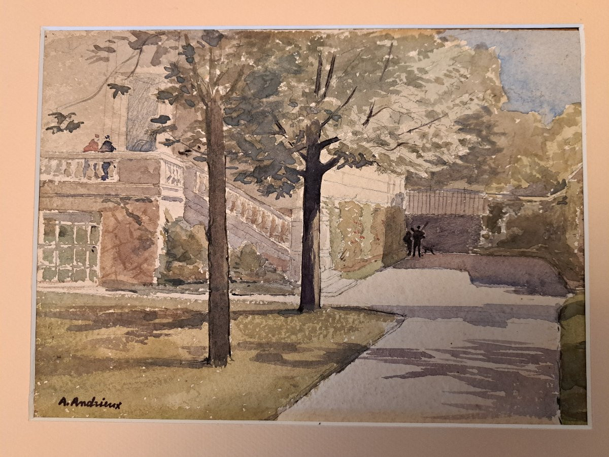 Alfred Louis Andrieux , Vue d'un parc , Aquarelle , Fin XIX°. -photo-4
