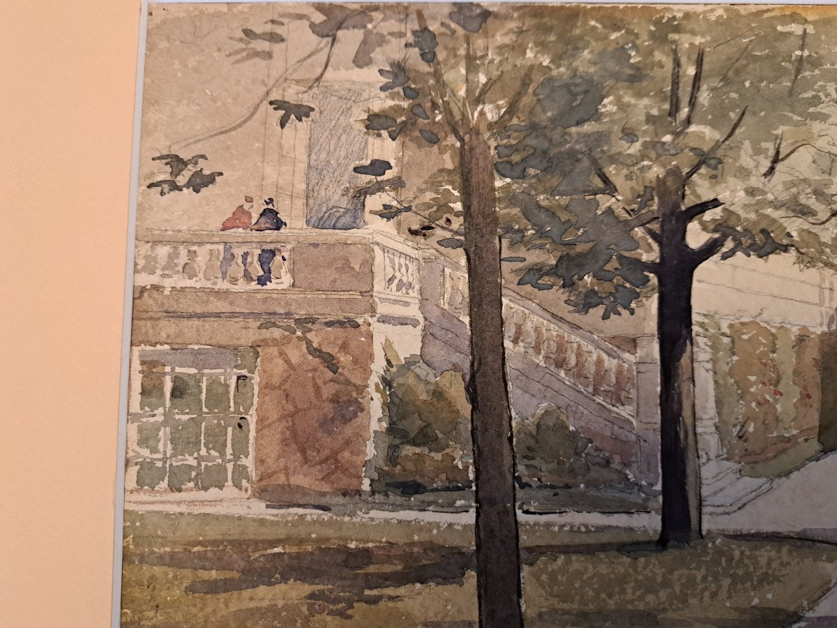 Alfred Louis Andrieux , Vue d'un parc , Aquarelle , Fin XIX°. -photo-2