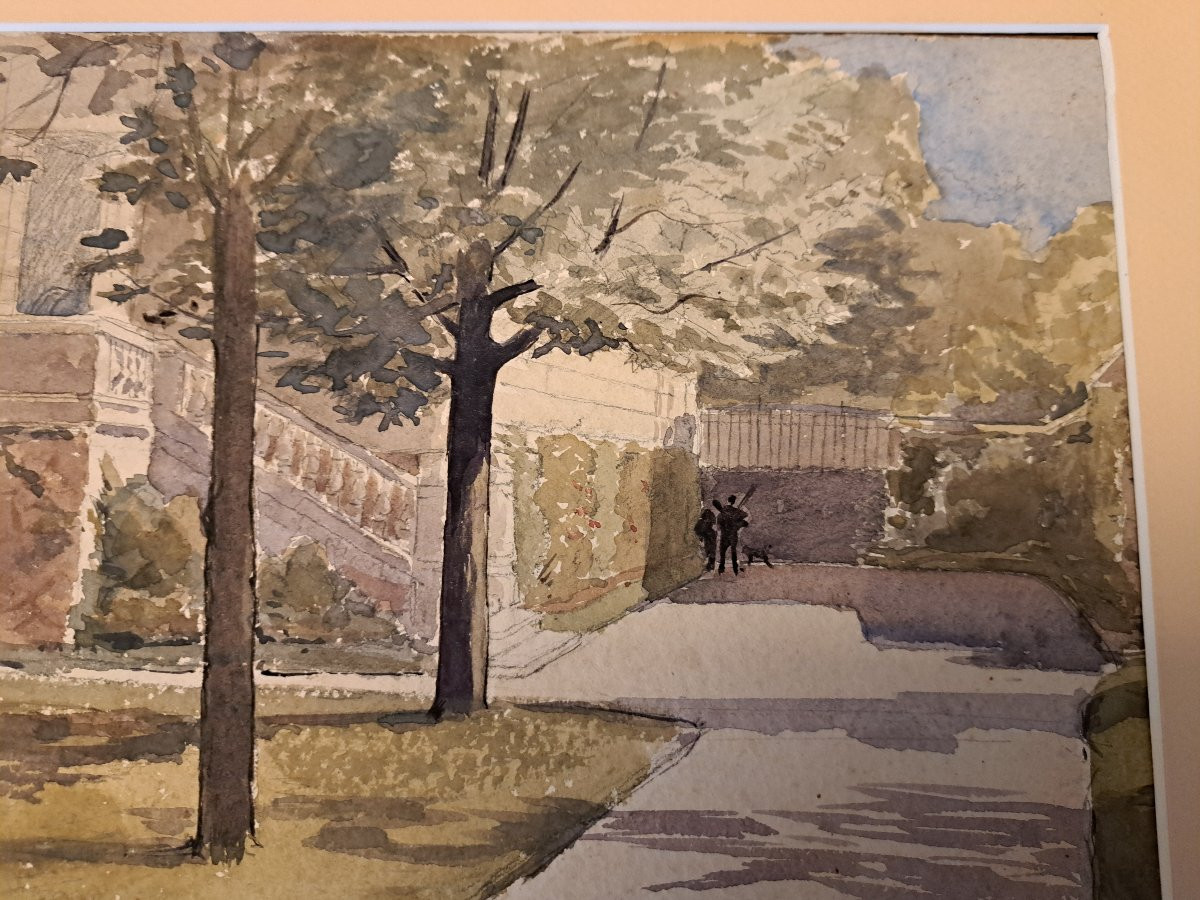 Alfred Louis Andrieux , Vue d'un parc , Aquarelle , Fin XIX°. -photo-3