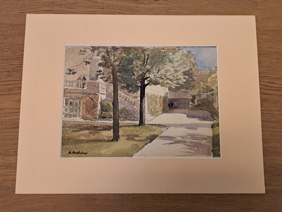 Alfred Louis Andrieux , Vue d'un parc , Aquarelle , Fin XIX°. 