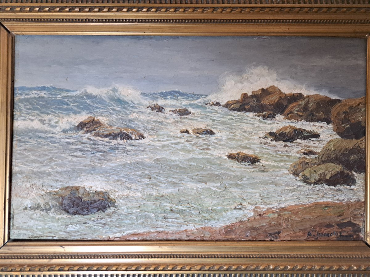A.Jeancolas , Bord de mer agité en Algérie , Huile sur panneau , Fin XIX°.-photo-2