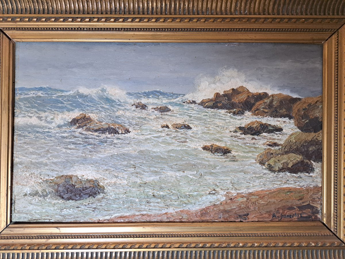 A.Jeancolas , Bord de mer agité en Algérie , Huile sur panneau , Fin XIX°.-photo-3