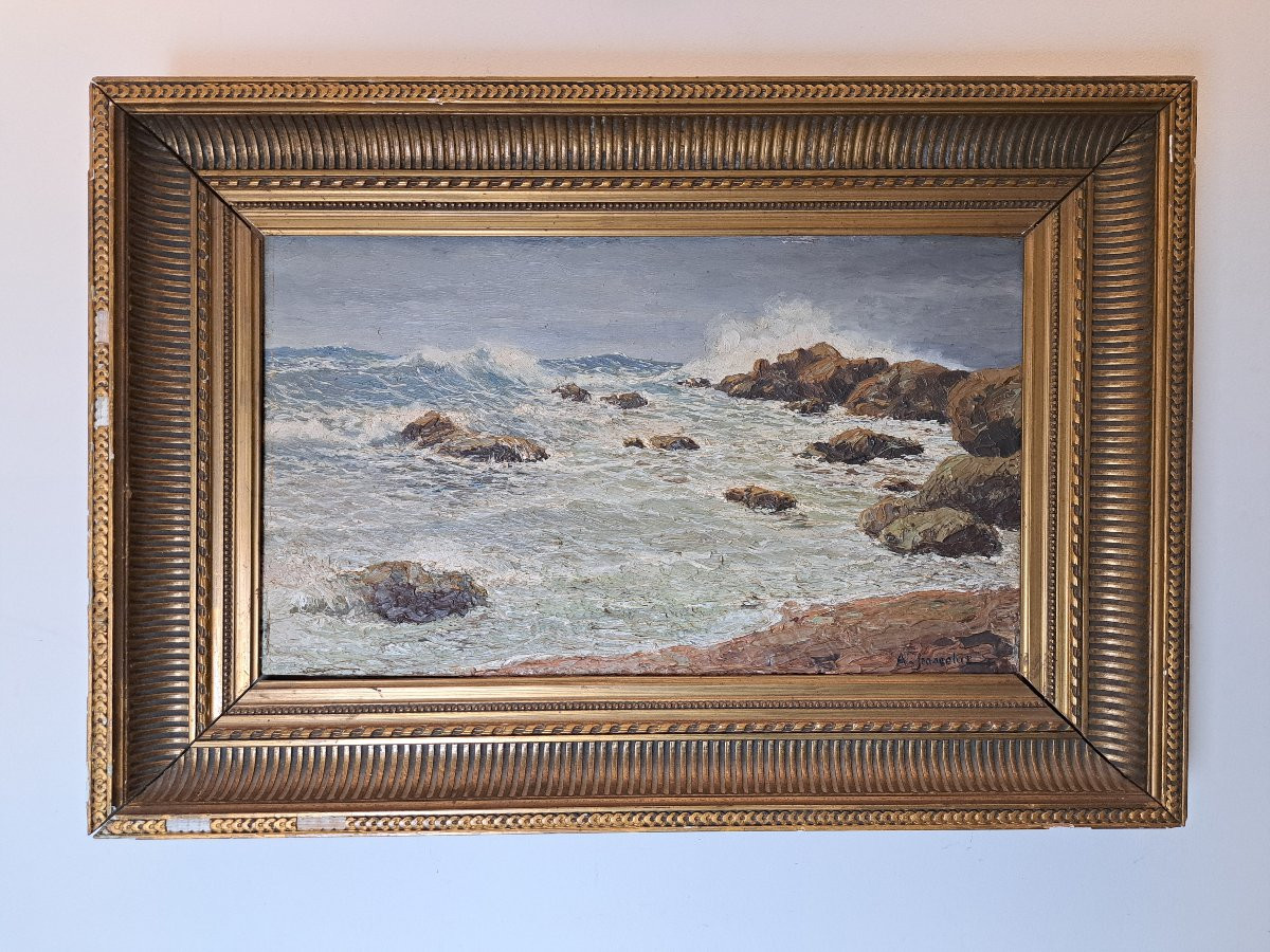 A.Jeancolas , Bord de mer agité en Algérie , Huile sur panneau , Fin XIX°.-photo-4