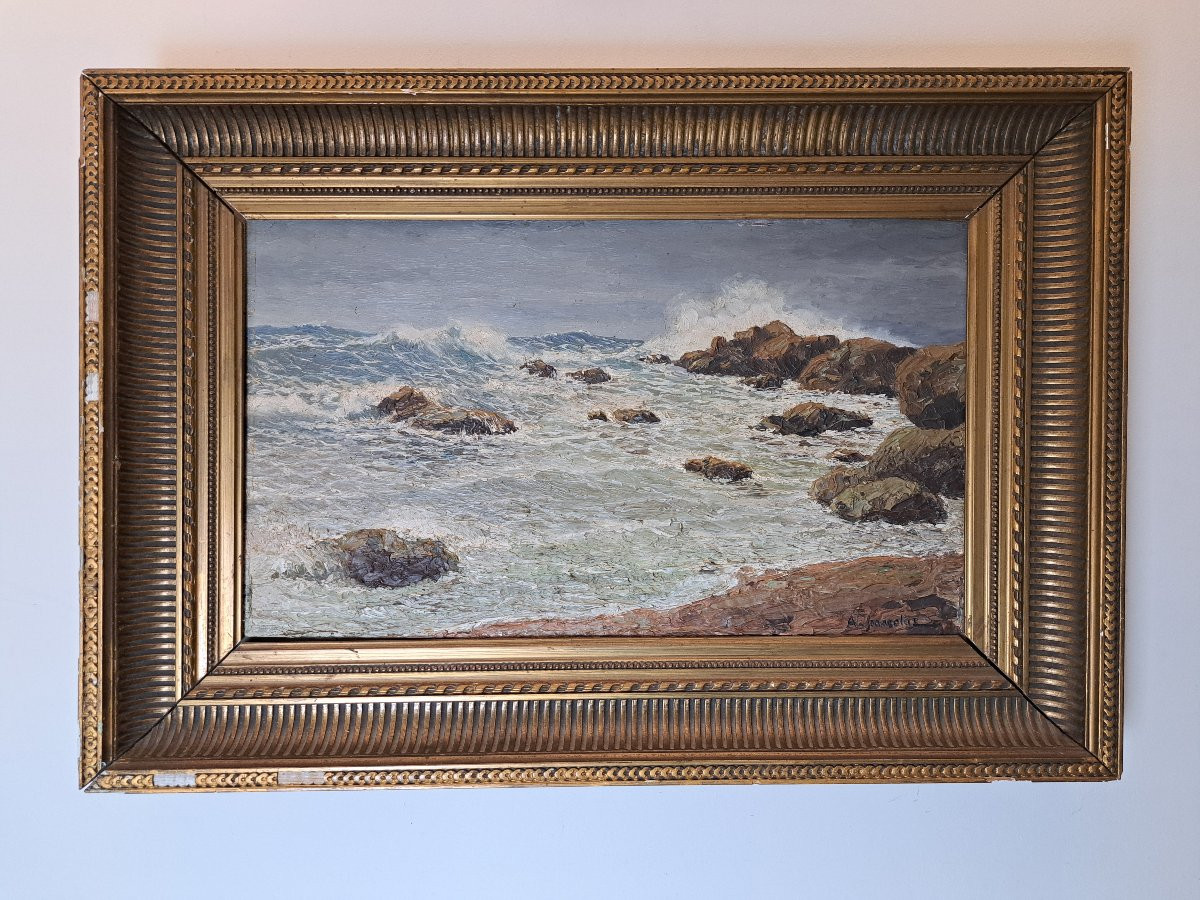 A.Jeancolas , Bord de mer agité en Algérie , Huile sur panneau , Fin XIX°.-photo-1