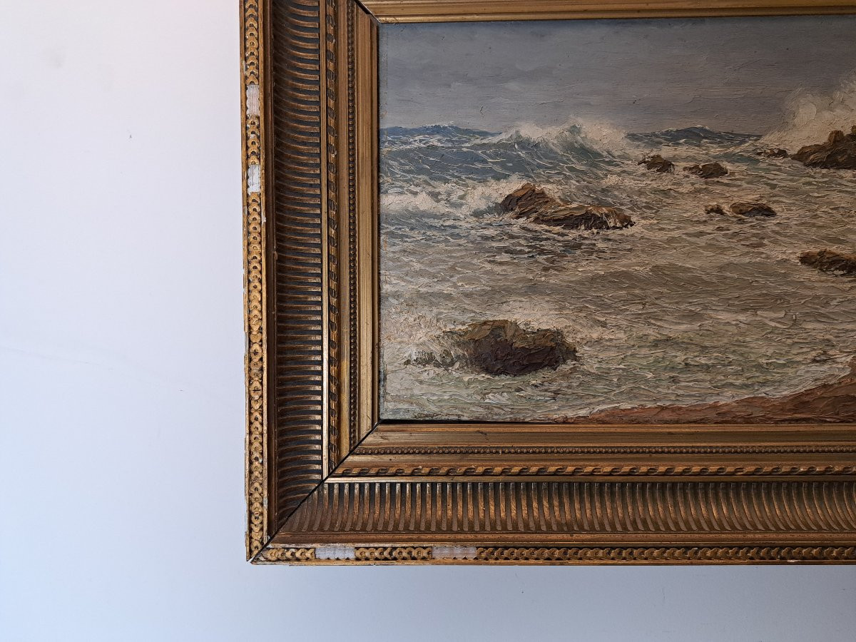 A.Jeancolas , Bord de mer agité en Algérie , Huile sur panneau , Fin XIX°.-photo-2