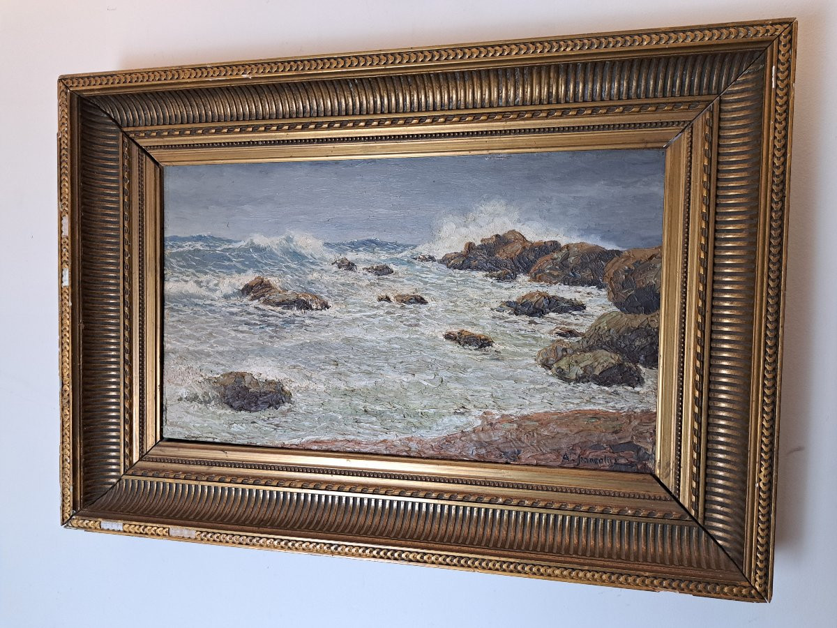 A.Jeancolas , Bord de mer agité en Algérie , Huile sur panneau , Fin XIX°.-photo-3