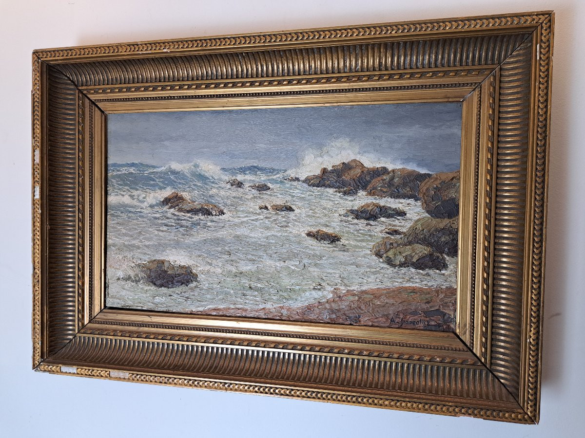 A.Jeancolas , Bord de mer agité en Algérie , Huile sur panneau , Fin XIX°.-photo-4