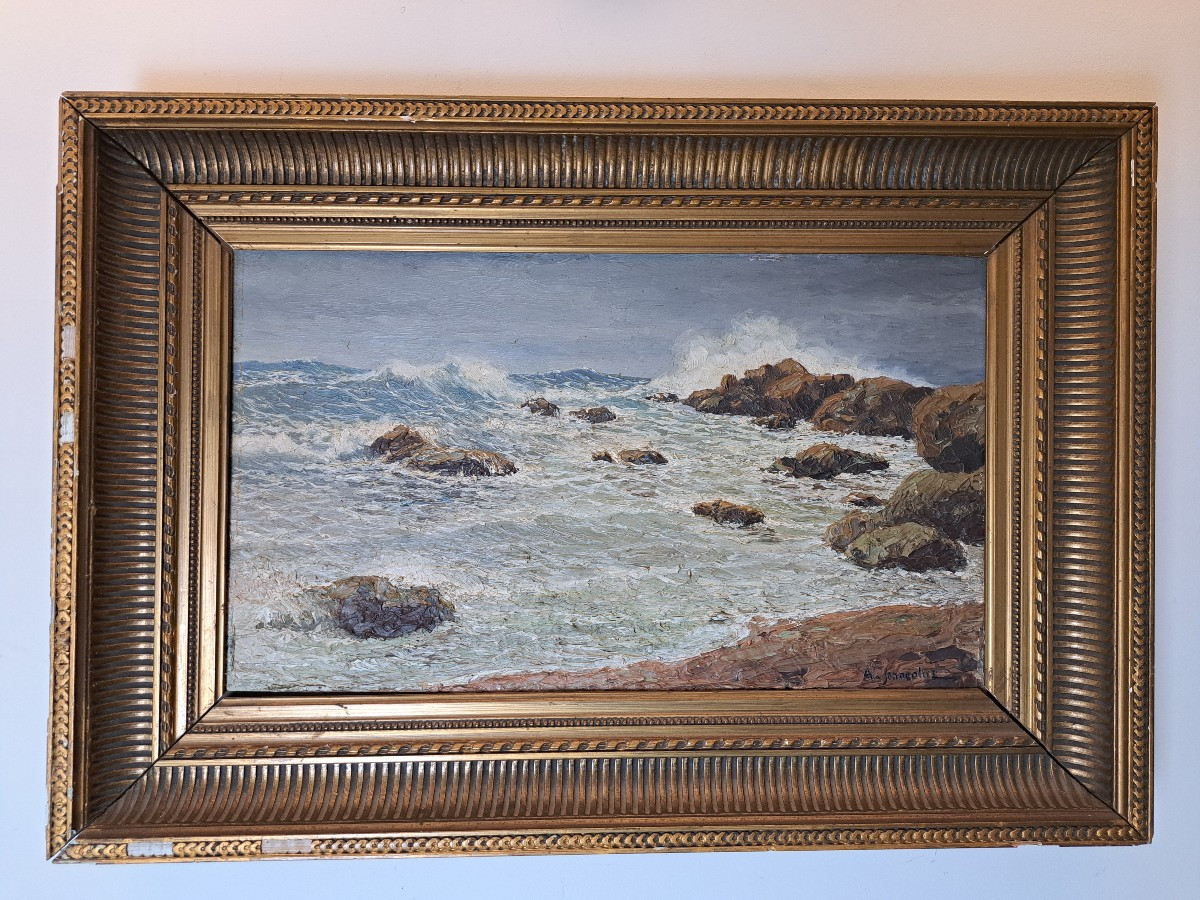 A.Jeancolas , Bord de mer agité en Algérie , Huile sur panneau , Fin XIX°.