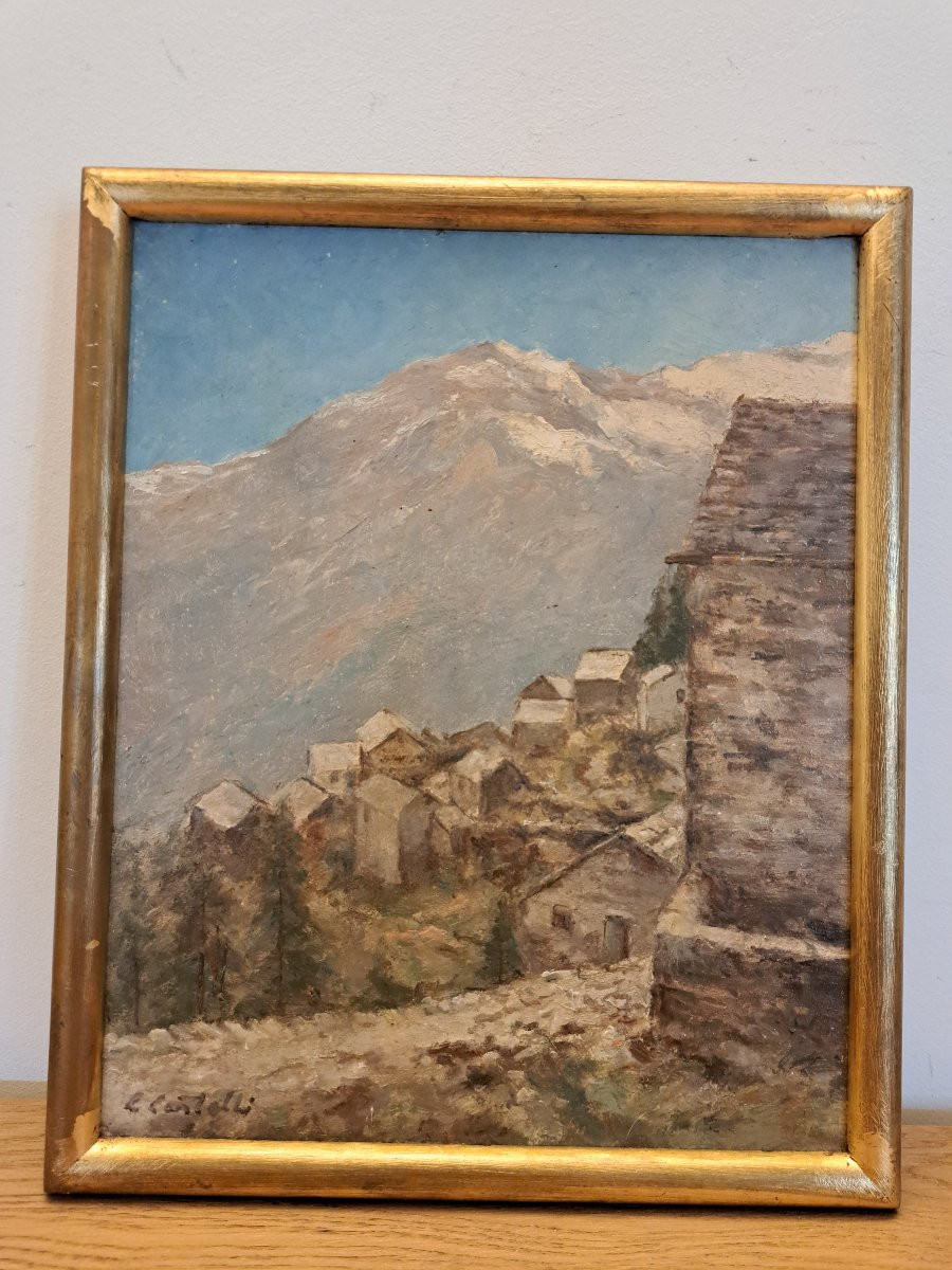 Clément Castelli , Village de montagne , Huile sur panneau , Début XX°. -photo-2