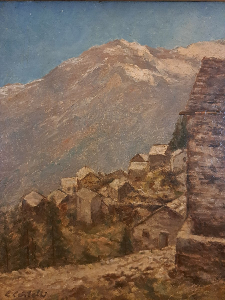 Clément Castelli , Village de montagne , Huile sur panneau , Début XX°. -photo-1
