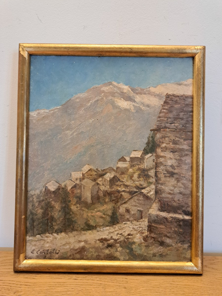 Clément Castelli , Village de montagne , Huile sur panneau , Début XX°. 
