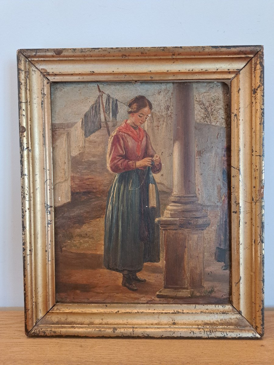 Jeune lingère à l'ouvrage , Huile sur carton , XIX°. -photo-2