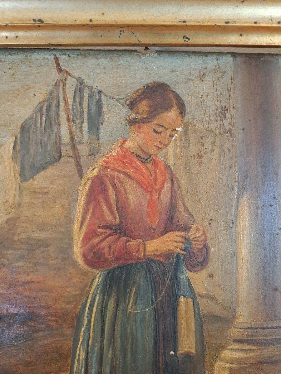 Jeune lingère à l'ouvrage , Huile sur carton , XIX°. -photo-4