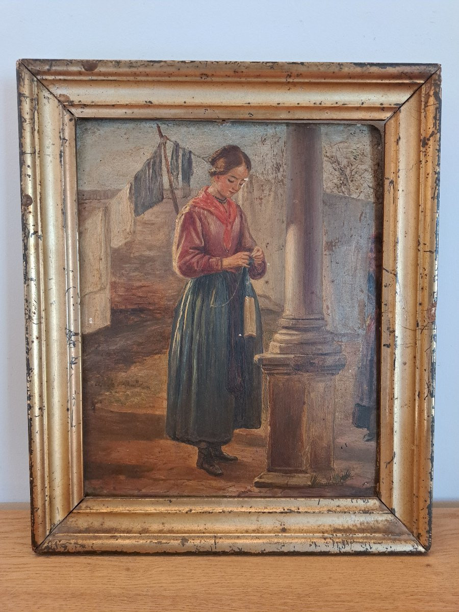 Jeune lingère à l'ouvrage , Huile sur carton , XIX°. -photo-4