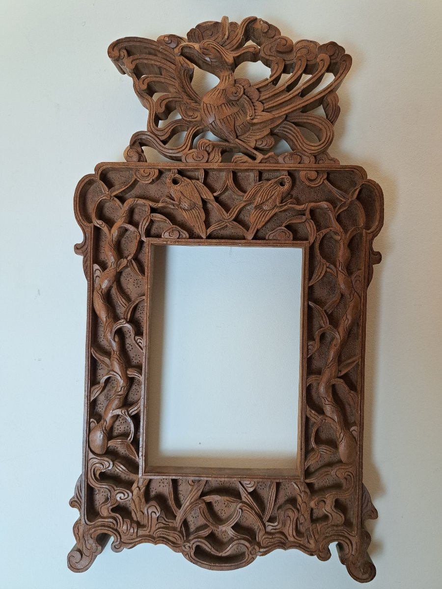 Indochine , Cadre ancien au phénix , Bois sculpté , Début XX°. -photo-2