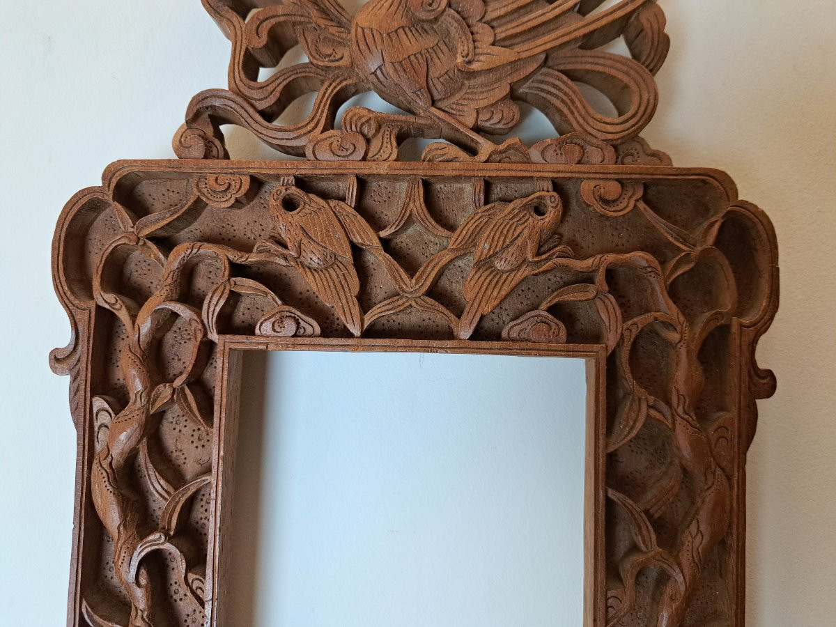 Indochine , Cadre ancien au phénix , Bois sculpté , Début XX°. -photo-1