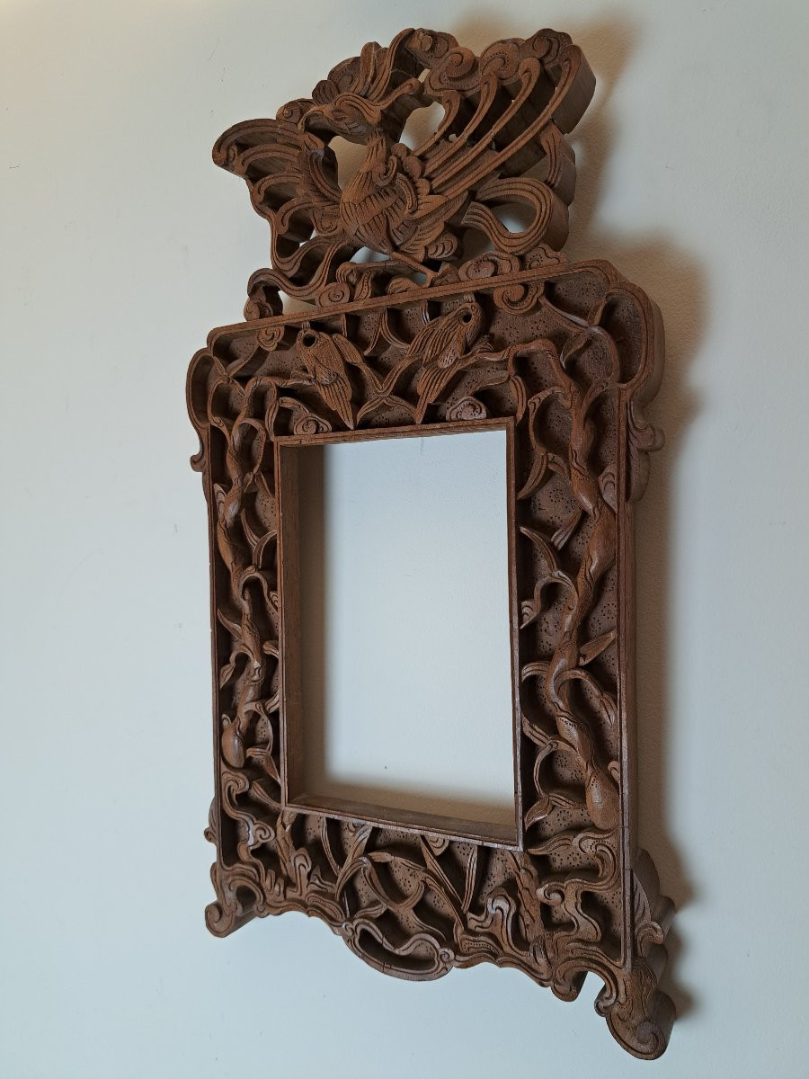 Indochine , Cadre ancien au phénix , Bois sculpté , Début XX°. -photo-2