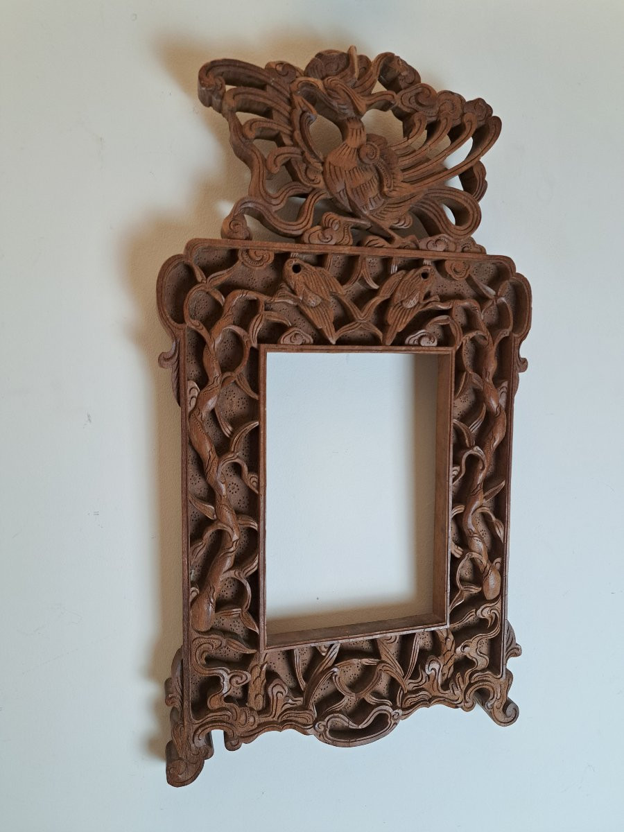 Indochine , Cadre ancien au phénix , Bois sculpté , Début XX°. -photo-3