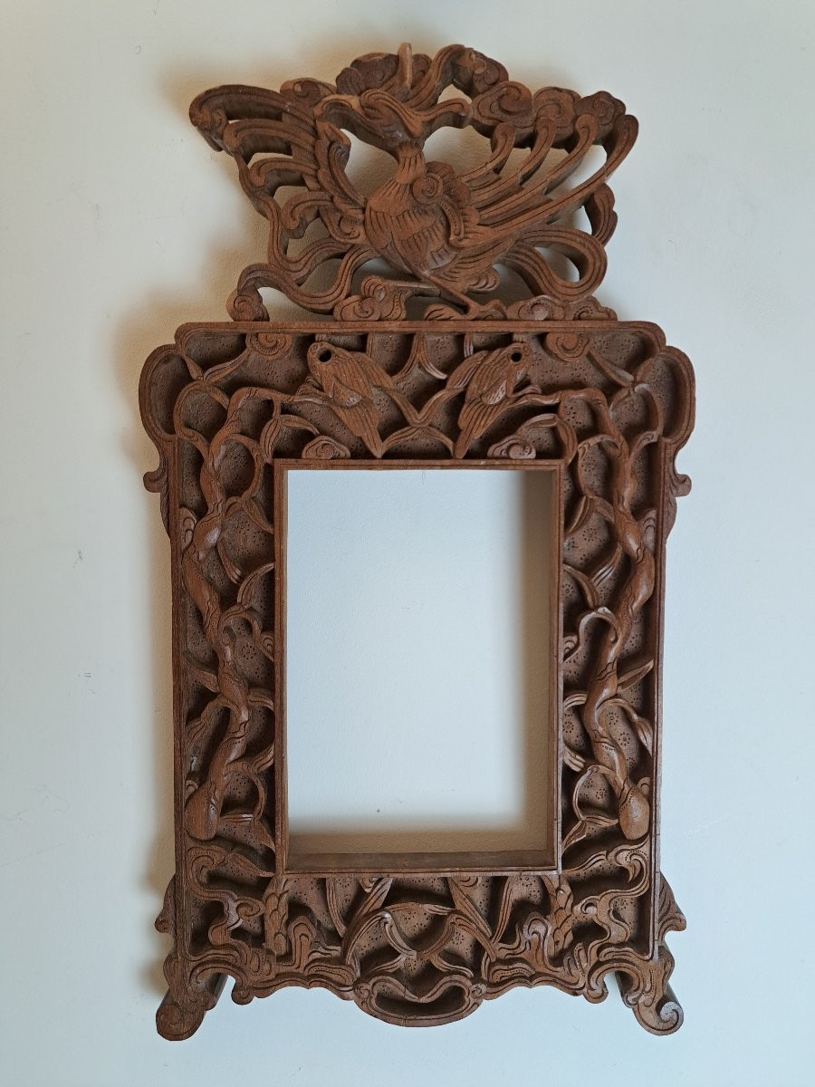 Indochine , Cadre ancien au phénix , Bois sculpté , Début XX°. -photo-4