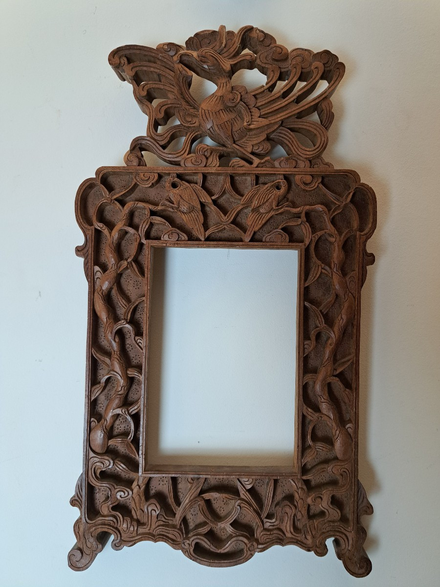 Indochine , Cadre ancien au phénix , Bois sculpté , Début XX°. 