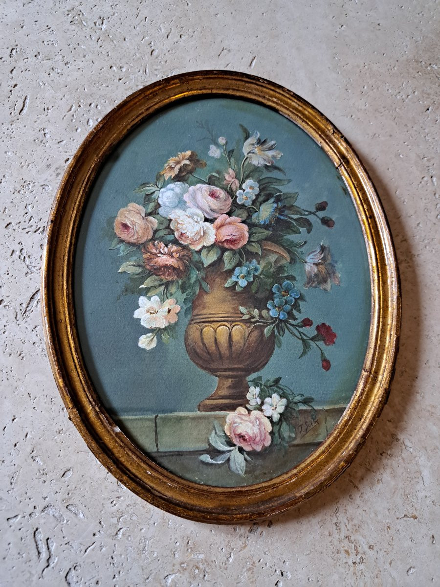 Flowering Medici Vase, Gouache On Paper, Early 20th Century. -photo-4